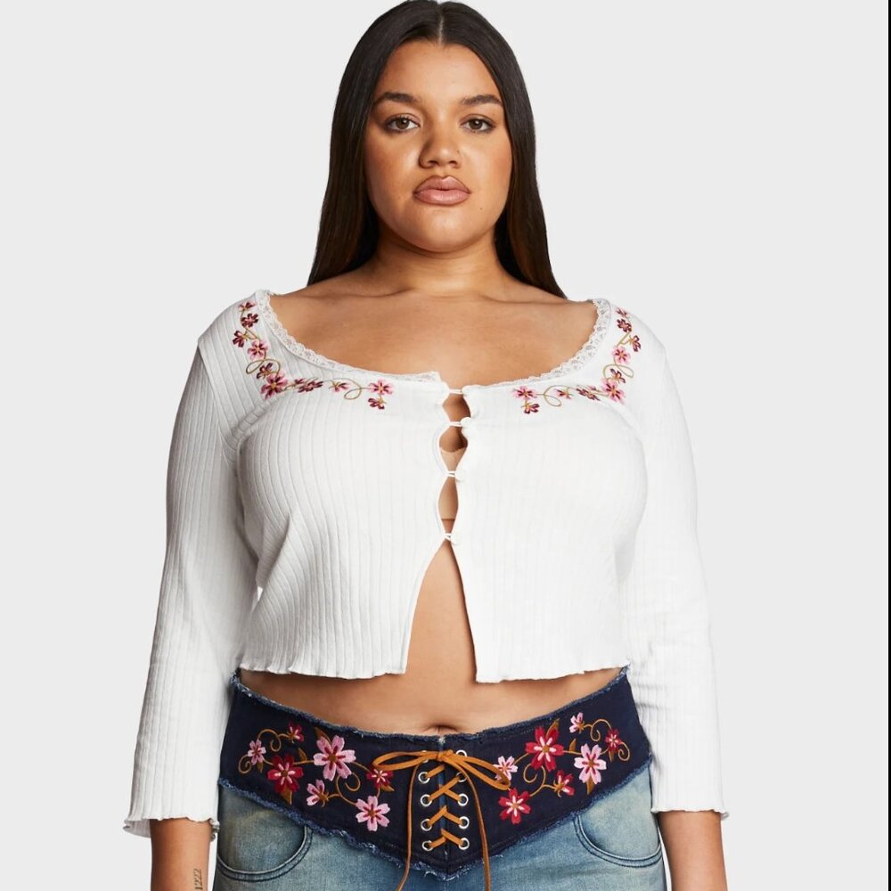 💙 Embroidered Cropped Button Cardigan dELiA*s by Dolls Kill